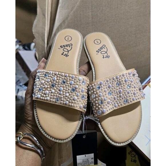 Art Class Heather Girl's Embellished Rhinestone Slide Classy Sandals Tan - Picture 2 of 4